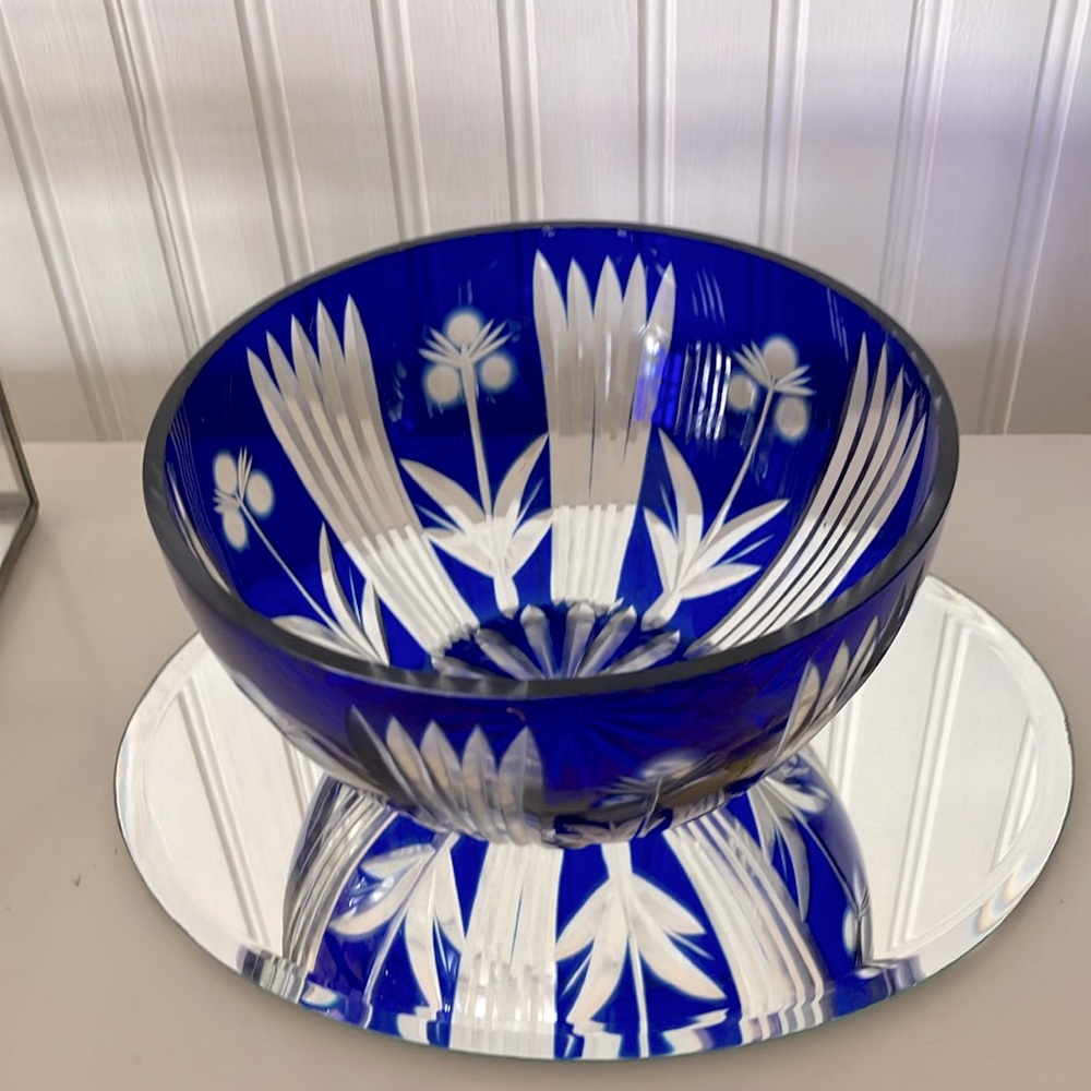 Vintage Bohemian Cobalt Blue Crystal Cut To Clear Bowl. Collectible